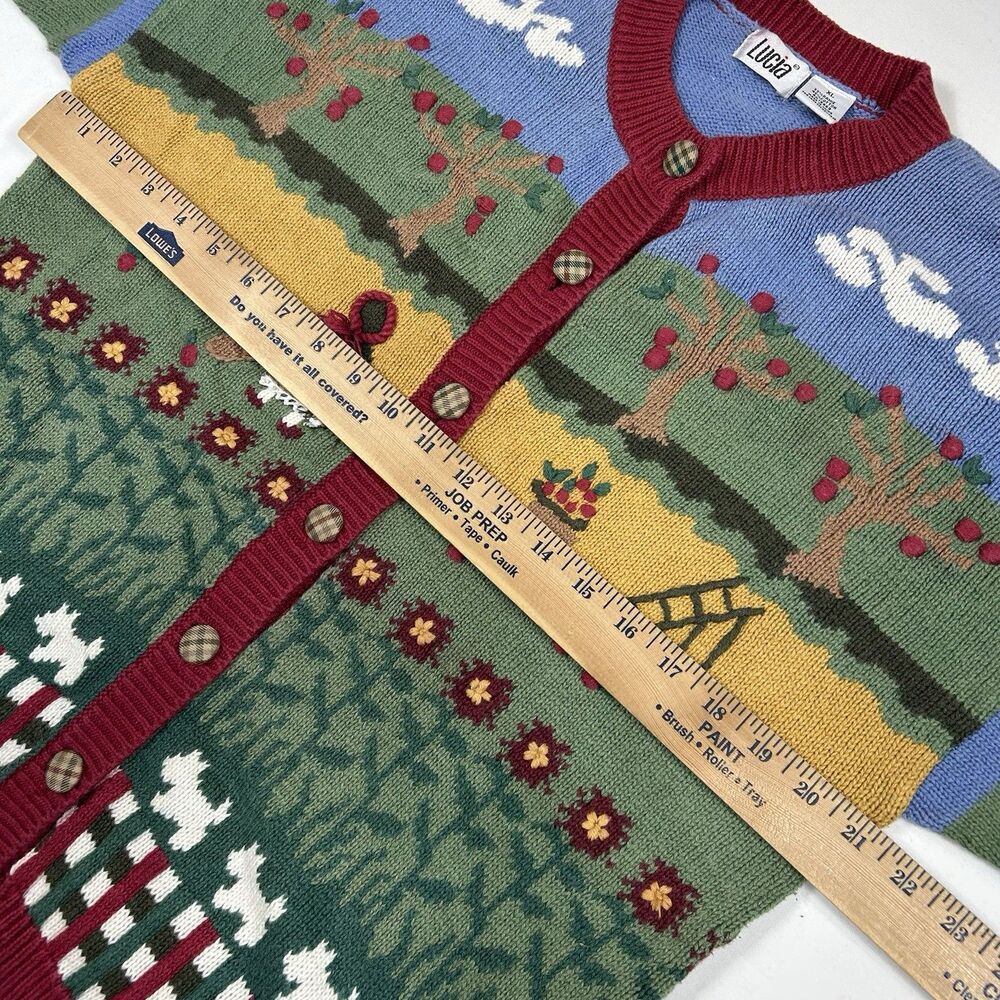 Vintage Lucia Apple Orchard Farm Cardigan Sweater XL Novelty Country Dog Festive - Picture 8 of 14